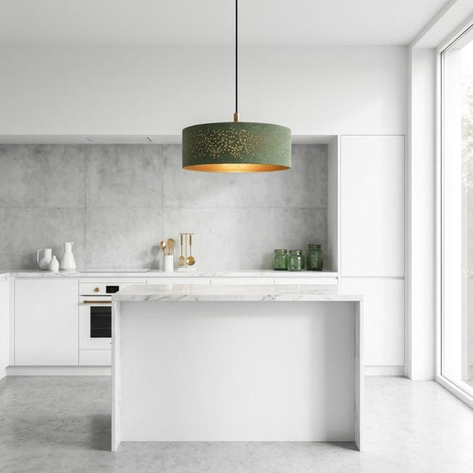Handmade Moroccan Brass Drum Pendant Light – Perforated Green Verdigris Patina Hanging Lamp with Warm Gold Interior, Modern Boho Ceiling Light for Kitchen Island, Dining Room & Living Room