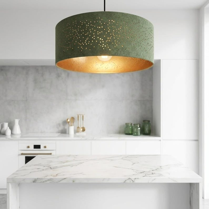 Handmade Moroccan Brass Drum Pendant Light – Perforated Green Verdigris Patina Hanging Lamp with Warm Gold Interior, Modern Boho Ceiling Light for Kitchen Island, Dining Room & Living Room