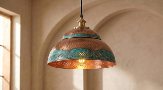 Handmade Brass Moroccan Dome Pendant Light – Copper Hammered Brass Hanging Lamp with Verdigris Green Patina Bands, Rustic Kitchen Island Ceiling Fixture