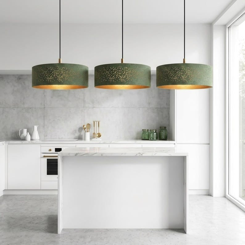 Handmade Moroccan Brass Drum Pendant Light – Perforated Green Verdigris Patina Hanging Lamp with Warm Gold Interior, Modern Boho Ceiling Light for Kitchen Island, Dining Room & Living Room