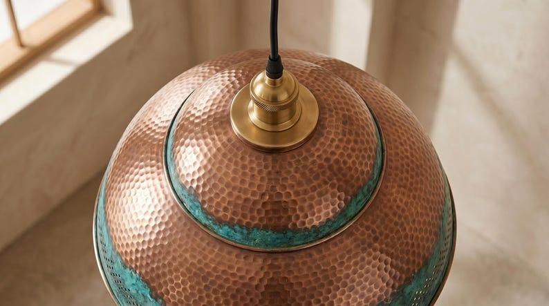 Handmade Brass Moroccan Dome Pendant Light – Copper Hammered Brass Hanging Lamp with Verdigris Green Patina Bands, Rustic Kitchen Island Ceiling Fixture