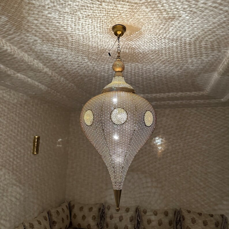 Moroccan Pierced Silver Teardrop Pendant Light, Handmade Moorish White Metal Hanging Chandelier, Boho Arabic Shadow Lantern, Luxury Filigree Ceiling Light Fixture