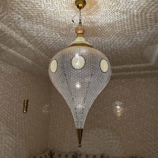 Moroccan Pierced Silver Teardrop Pendant Light, Handmade Moorish White Metal Hanging Chandelier, Boho Arabic Shadow Lantern, Luxury Filigree Ceiling Light Fixture