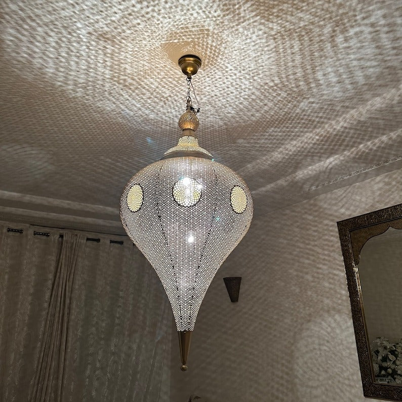 Moroccan Pierced Silver Teardrop Pendant Light, Handmade Moorish White Metal Hanging Chandelier, Boho Arabic Shadow Lantern, Luxury Filigree Ceiling Light Fixture