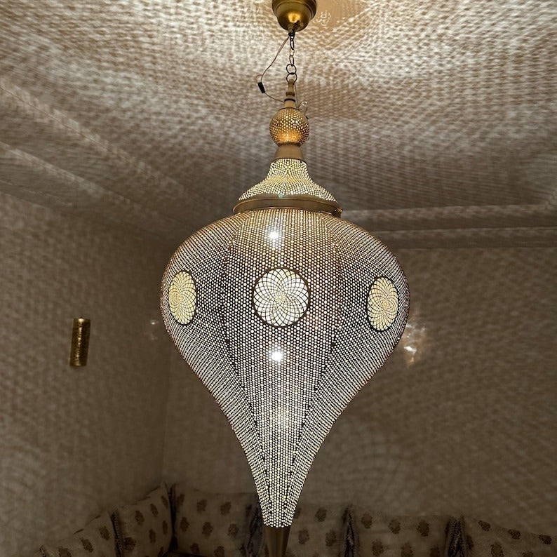 Moroccan Pierced Silver Teardrop Pendant Light, Handmade Moorish White Metal Hanging Chandelier, Boho Arabic Shadow Lantern, Luxury Filigree Ceiling Light Fixture