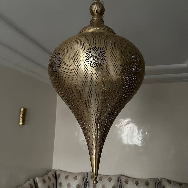 Moroccan Pierced Silver Teardrop Pendant Light, Handmade Moorish White Metal Hanging Chandelier, Boho Arabic Shadow Lantern, Luxury Filigree Ceiling Light Fixture