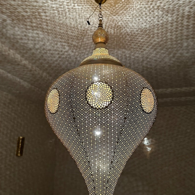 Moroccan Pierced Silver Teardrop Pendant Light, Handmade Moorish White Metal Hanging Chandelier, Boho Arabic Shadow Lantern, Luxury Filigree Ceiling Light Fixture