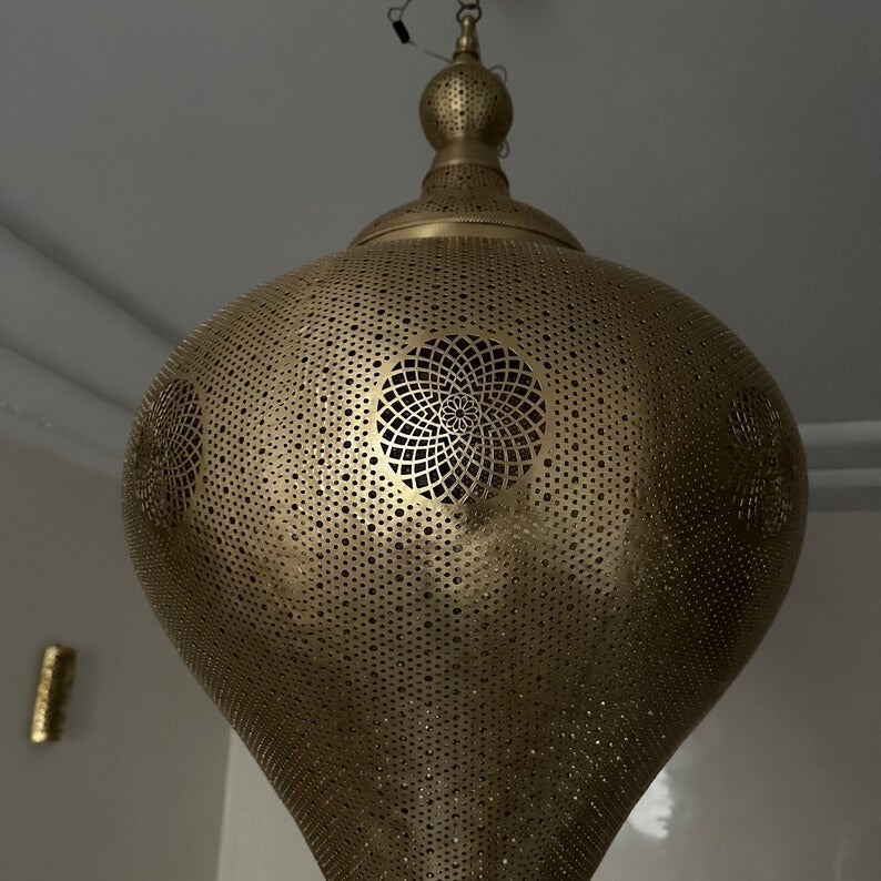 Moroccan Pierced Silver Teardrop Pendant Light, Handmade Moorish White Metal Hanging Chandelier, Boho Arabic Shadow Lantern, Luxury Filigree Ceiling Light Fixture