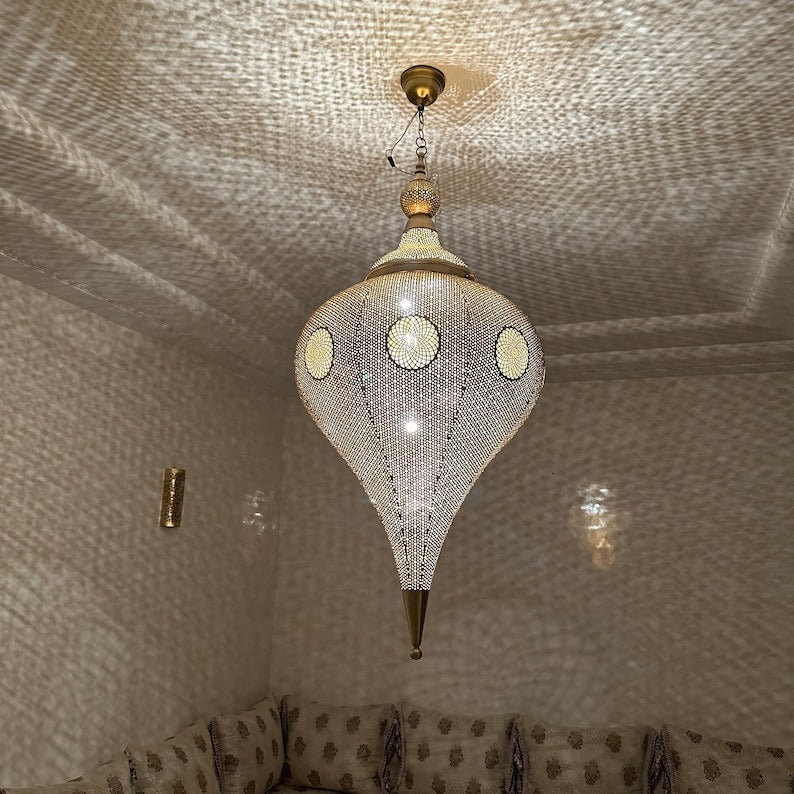Moroccan Pierced Silver Teardrop Pendant Light, Handmade Moorish White Metal Hanging Chandelier, Boho Arabic Shadow Lantern, Luxury Filigree Ceiling Light Fixture