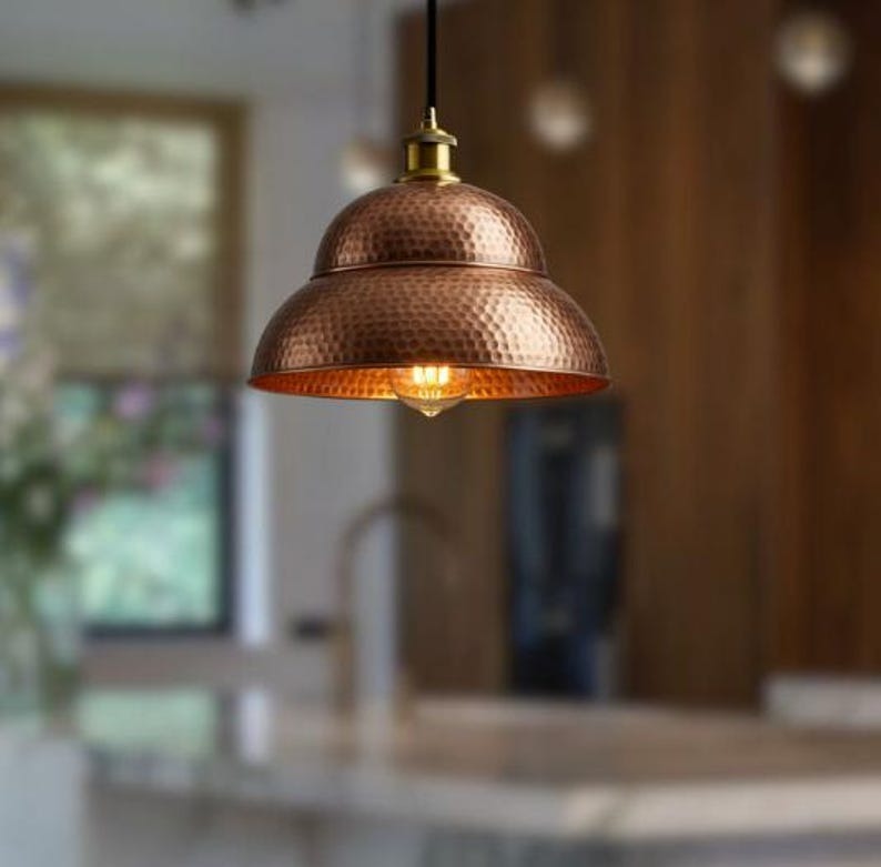 Handmade Hammered Brass Pendant Light – Moroccan Copper Double Dome Hanging Lamp with Warm Gold Interior for Kitchen Island, Dining Room & Boho Home Décor