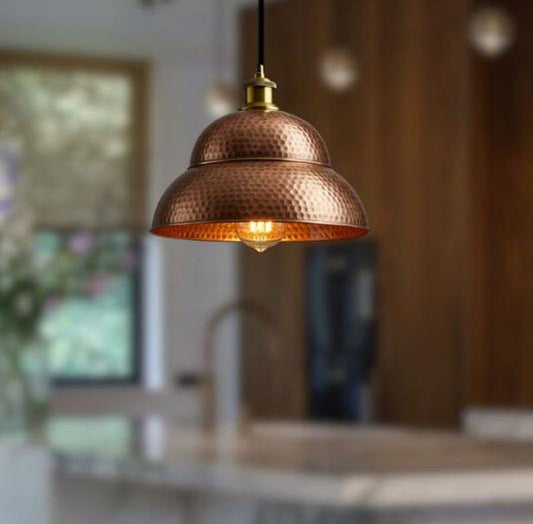 Handmade Hammered Brass Pendant Light – Moroccan Copper Double Dome Hanging Lamp with Warm Gold Interior for Kitchen Island, Dining Room & Boho Home Décor