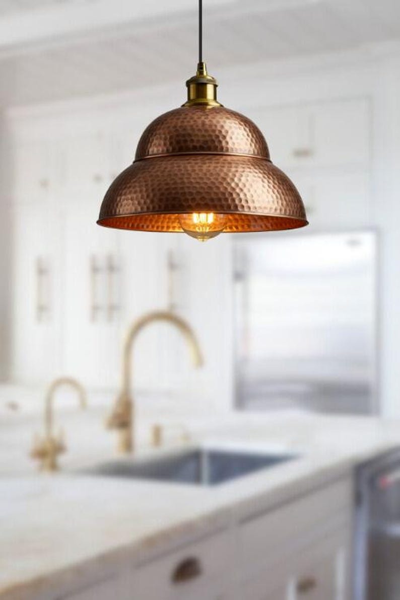 Handmade Hammered Brass Pendant Light – Moroccan Copper Double Dome Hanging Lamp with Warm Gold Interior for Kitchen Island, Dining Room & Boho Home Décor