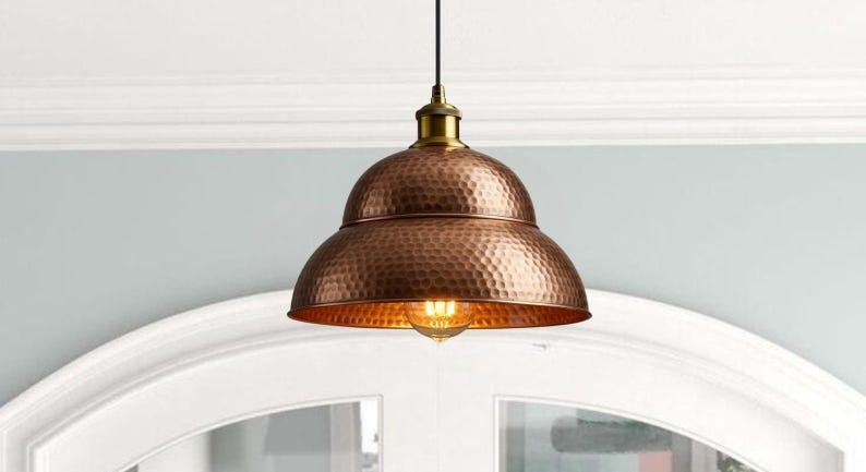 Handmade Hammered Brass Pendant Light – Moroccan Copper Double Dome Hanging Lamp with Warm Gold Interior for Kitchen Island, Dining Room & Boho Home Décor