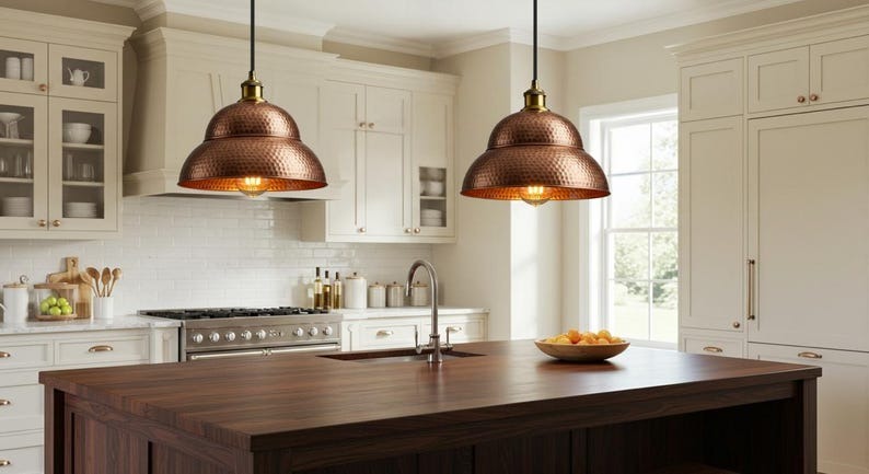 Handmade Hammered Brass Pendant Light – Moroccan Copper Double Dome Hanging Lamp with Warm Gold Interior for Kitchen Island, Dining Room & Boho Home Décor