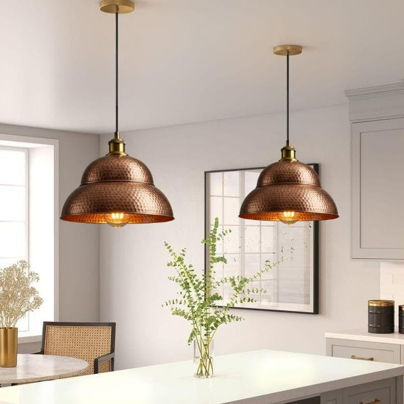 Handmade Hammered Brass Pendant Light – Moroccan Copper Double Dome Hanging Lamp with Warm Gold Interior for Kitchen Island, Dining Room & Boho Home Décor
