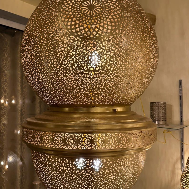 Large Moroccan Brass Pierced Palace Chandelier, Handmade Moorish Teardrop Lantern Pendant Light, Luxury Gold Arabic Shadow Lamp, Boho Filigree Brass Ceiling Light Fixture