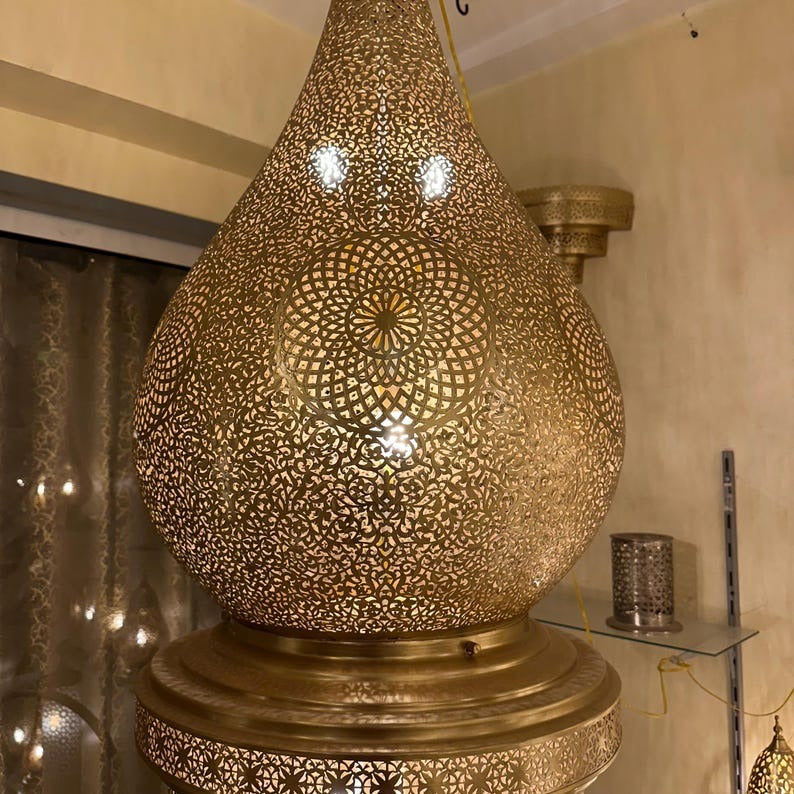 Large Moroccan Brass Pierced Palace Chandelier, Handmade Moorish Teardrop Lantern Pendant Light, Luxury Gold Arabic Shadow Lamp, Boho Filigree Brass Ceiling Light Fixture