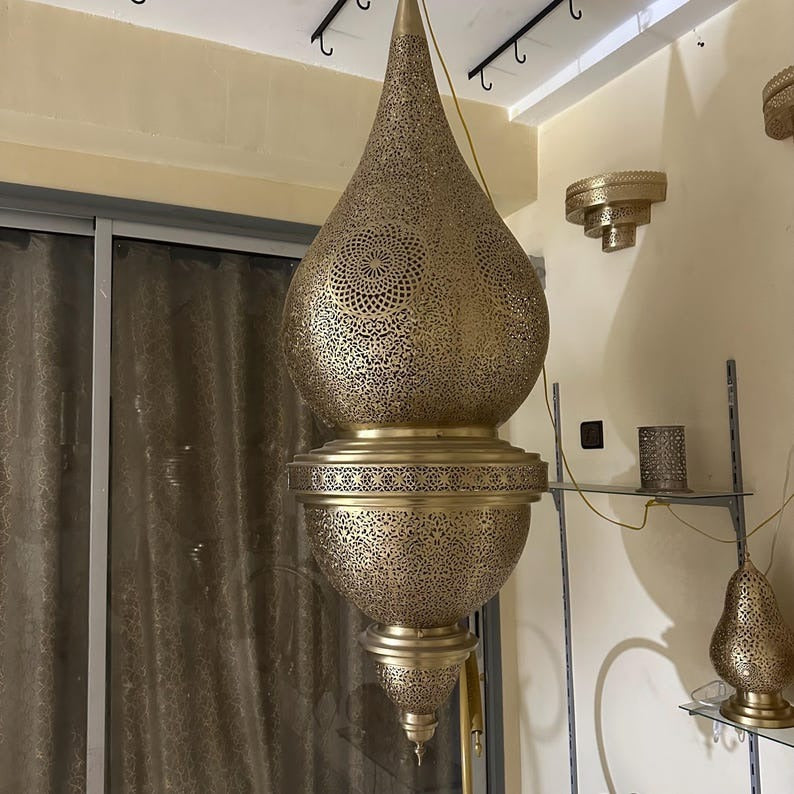 Large Moroccan Brass Pierced Palace Chandelier, Handmade Moorish Teardrop Lantern Pendant Light, Luxury Gold Arabic Shadow Lamp, Boho Filigree Brass Ceiling Light Fixture