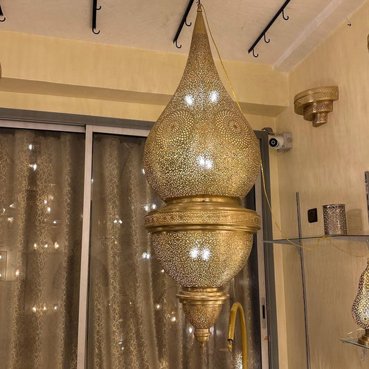 Large Moroccan Brass Pierced Palace Chandelier, Handmade Moorish Teardrop Lantern Pendant Light, Luxury Gold Arabic Shadow Lamp, Boho Filigree Brass Ceiling Light Fixture