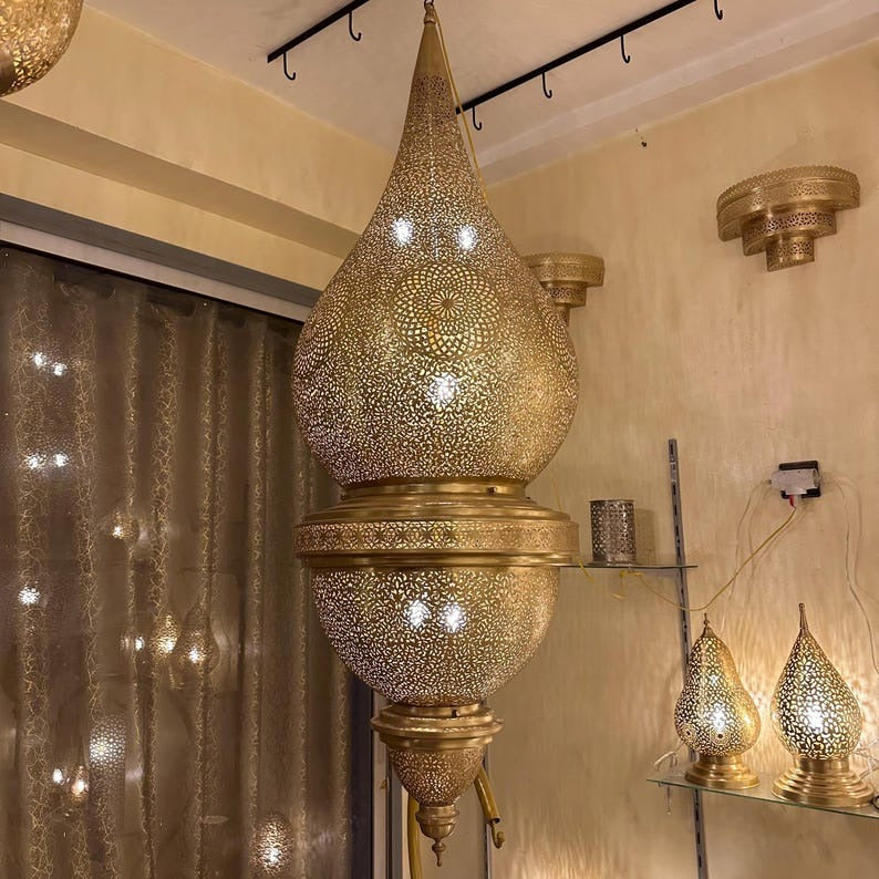 Large Moroccan Brass Pierced Palace Chandelier, Handmade Moorish Teardrop Lantern Pendant Light, Luxury Gold Arabic Shadow Lamp, Boho Filigree Brass Ceiling Light Fixture