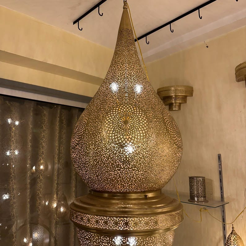Large Moroccan Brass Pierced Palace Chandelier, Handmade Moorish Teardrop Lantern Pendant Light, Luxury Gold Arabic Shadow Lamp, Boho Filigree Brass Ceiling Light Fixture