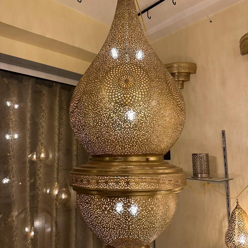 Large Moroccan Brass Pierced Palace Chandelier, Handmade Moorish Teardrop Lantern Pendant Light, Luxury Gold Arabic Shadow Lamp, Boho Filigree Brass Ceiling Light Fixture