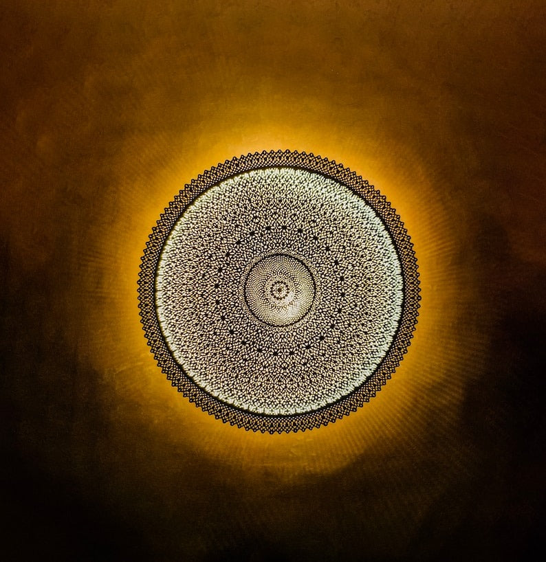 Handmade Moroccan Brass Round Ceiling Light – Intricately Pierced Mandala Flush Mount with Warm Golden Halo and Geometric Shadow Patterns for Bedroom, Hallway & Living Room
