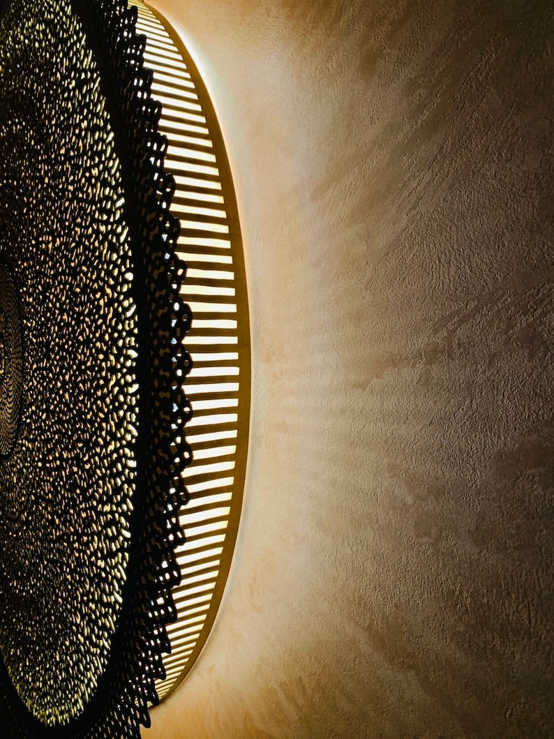 Handmade Moroccan Brass Round Ceiling Light – Intricately Pierced Mandala Flush Mount with Warm Golden Halo and Geometric Shadow Patterns for Bedroom, Hallway & Living Room