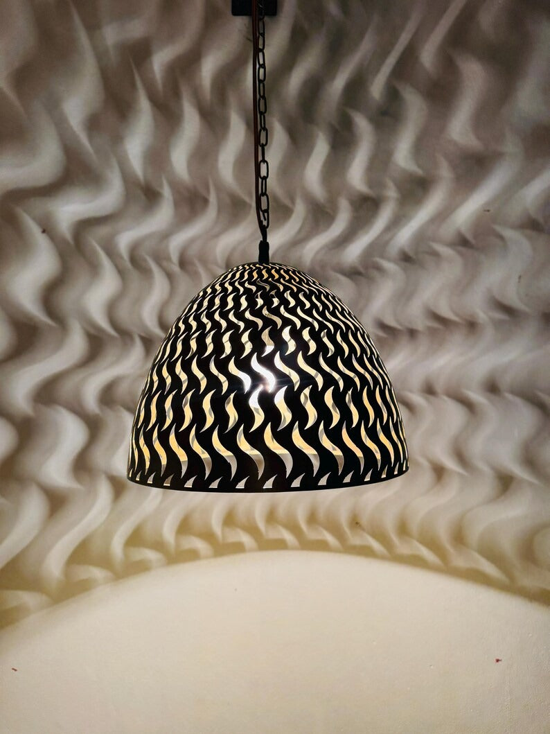 Black Moroccan Flame Cutout Dome Pendant Light, Handmade Moorish Pierced Hanging Lamp, Boho Arabic Shadow Chandelier, Rustic Gold Interior Ceiling Light Fixture