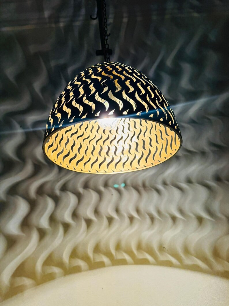 Black Moroccan Flame Cutout Dome Pendant Light, Handmade Moorish Pierced Hanging Lamp, Boho Arabic Shadow Chandelier, Rustic Gold Interior Ceiling Light Fixture