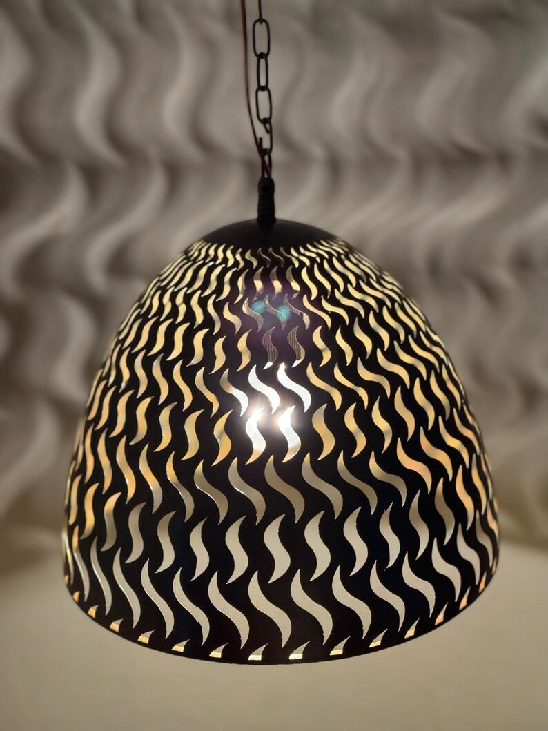 Black Moroccan Flame Cutout Dome Pendant Light, Handmade Moorish Pierced Hanging Lamp, Boho Arabic Shadow Chandelier, Rustic Gold Interior Ceiling Light Fixture