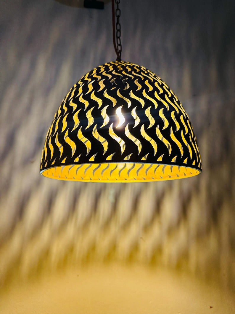 Black Moroccan Flame Cutout Dome Pendant Light, Handmade Moorish Pierced Hanging Lamp, Boho Arabic Shadow Chandelier, Rustic Gold Interior Ceiling Light Fixture