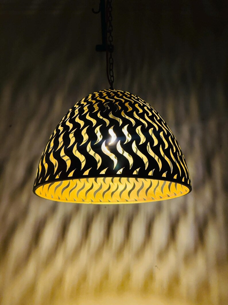 Black Moroccan Flame Cutout Dome Pendant Light, Handmade Moorish Pierced Hanging Lamp, Boho Arabic Shadow Chandelier, Rustic Gold Interior Ceiling Light Fixture