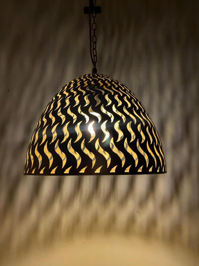 Black Moroccan Flame Cutout Dome Pendant Light, Handmade Moorish Pierced Hanging Lamp, Boho Arabic Shadow Chandelier, Rustic Gold Interior Ceiling Light Fixture