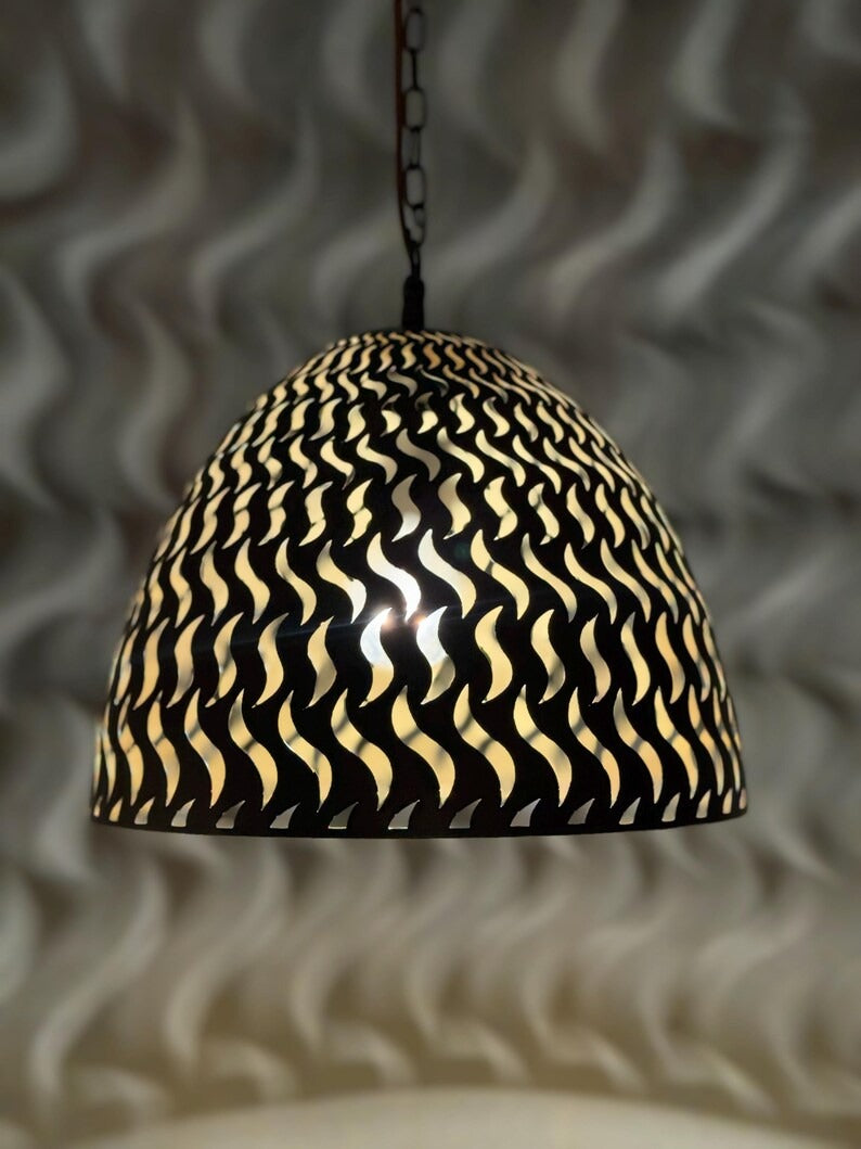 Black Moroccan Flame Cutout Dome Pendant Light, Handmade Moorish Pierced Hanging Lamp, Boho Arabic Shadow Chandelier, Rustic Gold Interior Ceiling Light Fixture