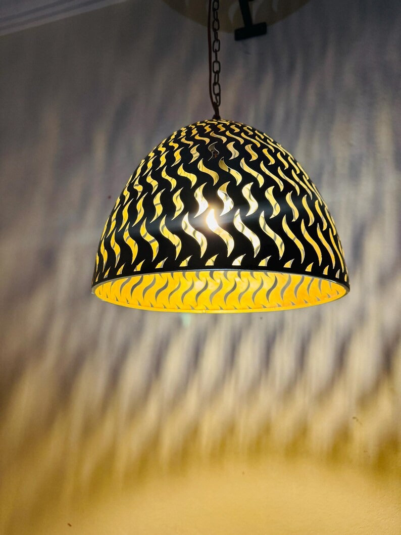Black Moroccan Flame Cutout Dome Pendant Light, Handmade Moorish Pierced Hanging Lamp, Boho Arabic Shadow Chandelier, Rustic Gold Interior Ceiling Light Fixture