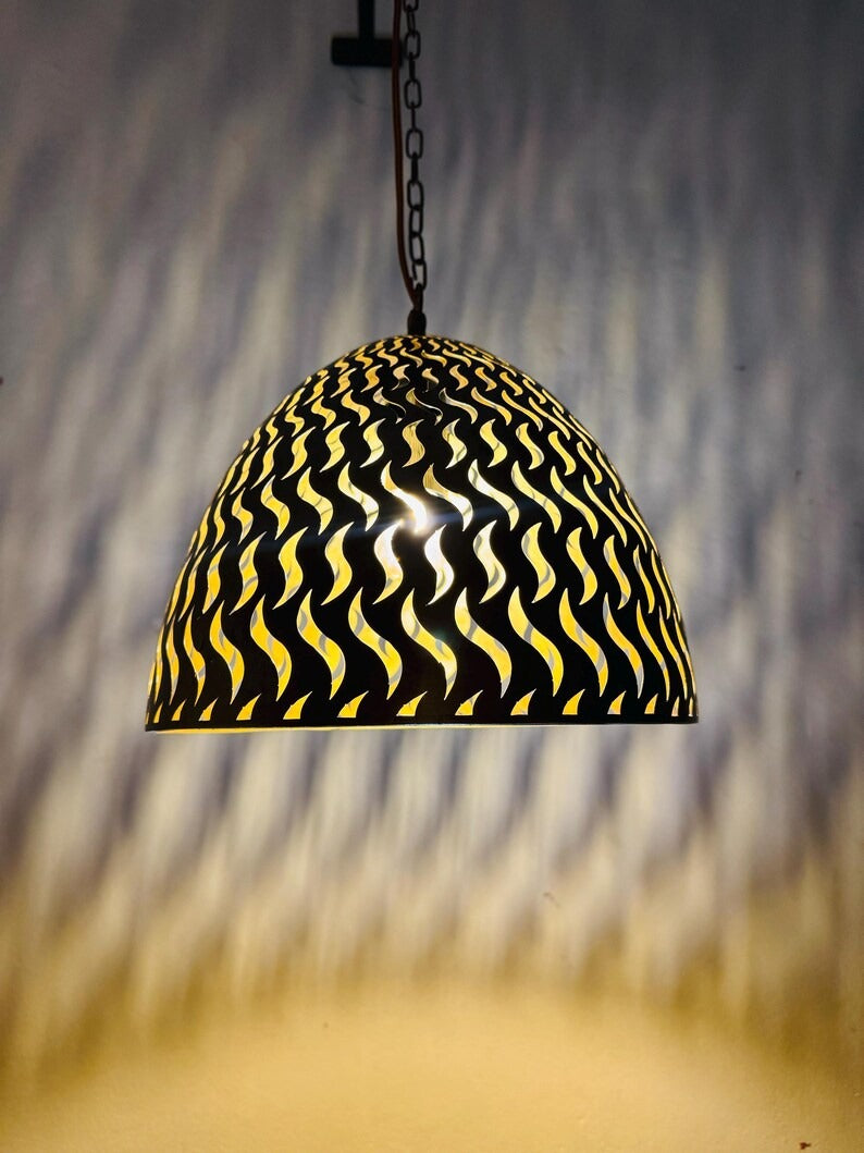 Black Moroccan Flame Cutout Dome Pendant Light, Handmade Moorish Pierced Hanging Lamp, Boho Arabic Shadow Chandelier, Rustic Gold Interior Ceiling Light Fixture