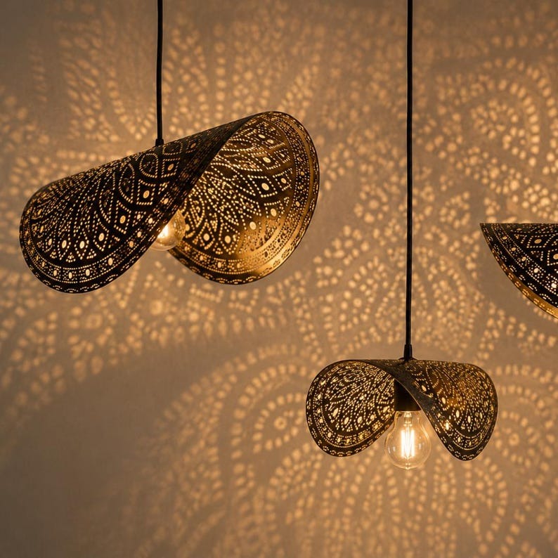Moroccan Pierced Brass Folded Pendant Light, Handmade Moorish Petal Hanging Lamp, Boho Arabic Shadow Chandelier, Gold Floral Filigree Ceiling Light Fixture