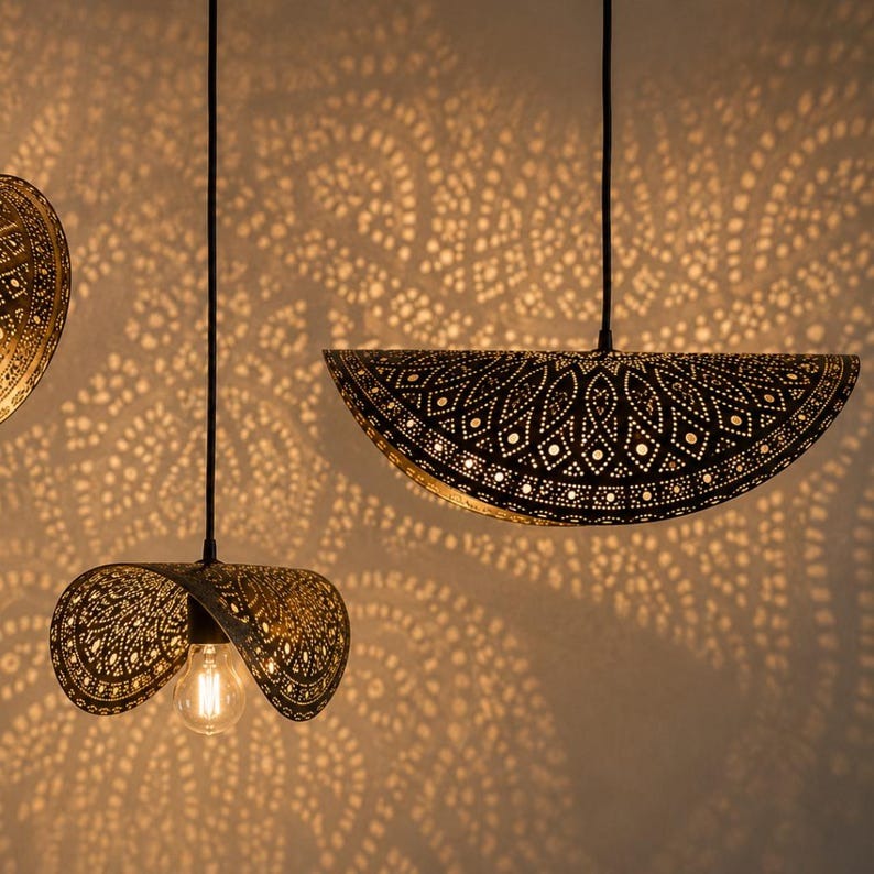 Moroccan Pierced Brass Folded Pendant Light, Handmade Moorish Petal Hanging Lamp, Boho Arabic Shadow Chandelier, Gold Floral Filigree Ceiling Light Fixture