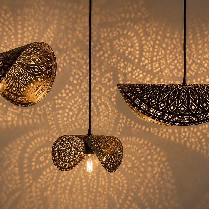 Moroccan Pierced Brass Folded Pendant Light, Handmade Moorish Petal Hanging Lamp, Boho Arabic Shadow Chandelier, Gold Floral Filigree Ceiling Light Fixture
