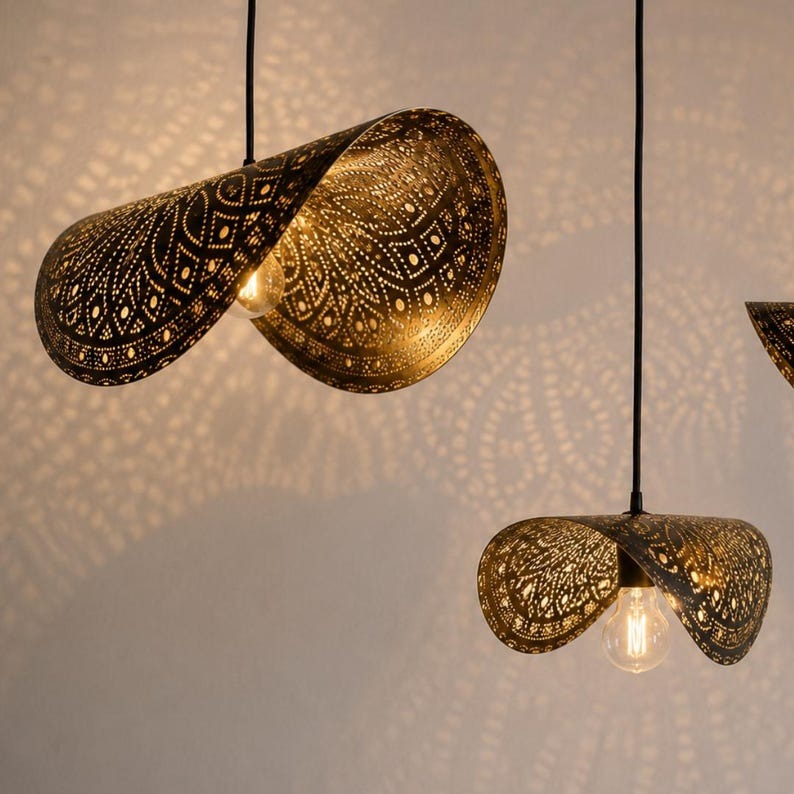 Moroccan Pierced Brass Folded Pendant Light, Handmade Moorish Petal Hanging Lamp, Boho Arabic Shadow Chandelier, Gold Floral Filigree Ceiling Light Fixture