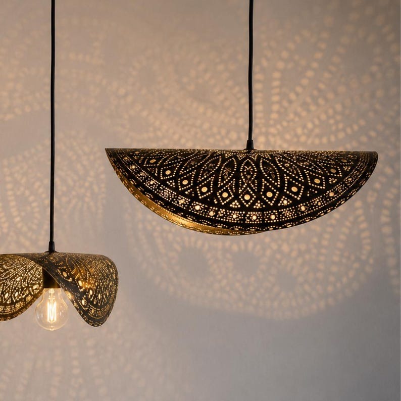 Moroccan Pierced Brass Folded Pendant Light, Handmade Moorish Petal Hanging Lamp, Boho Arabic Shadow Chandelier, Gold Floral Filigree Ceiling Light Fixture
