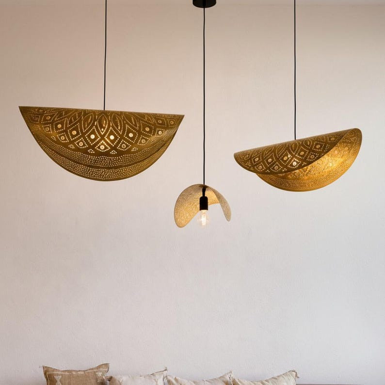 Moroccan Pierced Brass Folded Pendant Light, Handmade Moorish Petal Hanging Lamp, Boho Arabic Shadow Chandelier, Gold Floral Filigree Ceiling Light Fixture