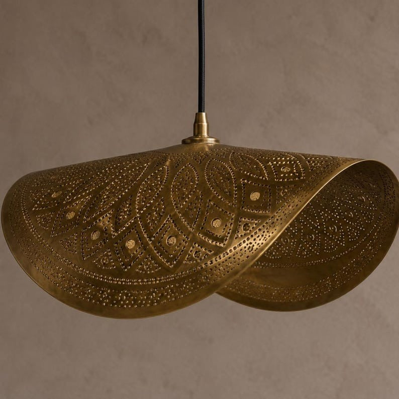 Moroccan Pierced Brass Folded Pendant Light, Handmade Moorish Petal Hanging Lamp, Boho Arabic Shadow Chandelier, Gold Floral Filigree Ceiling Light Fixture