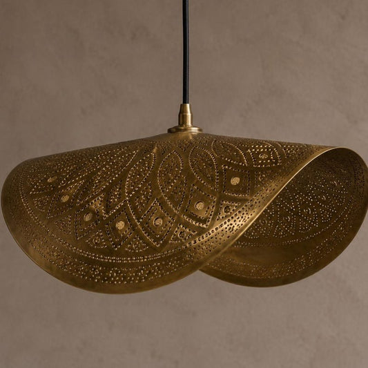 Moroccan Pierced Brass Folded Pendant Light, Handmade Moorish Petal Hanging Lamp, Boho Arabic Shadow Chandelier, Gold Floral Filigree Ceiling Light Fixture