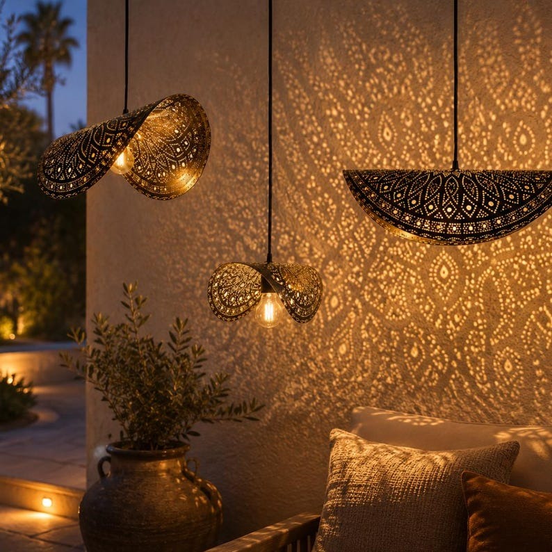 Moroccan Pierced Brass Folded Pendant Light, Handmade Moorish Petal Hanging Lamp, Boho Arabic Shadow Chandelier, Gold Floral Filigree Ceiling Light Fixture