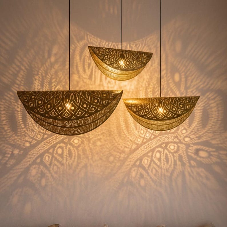 Moroccan Pierced Brass Folded Pendant Light, Handmade Moorish Petal Hanging Lamp, Boho Arabic Shadow Chandelier, Gold Floral Filigree Ceiling Light Fixture