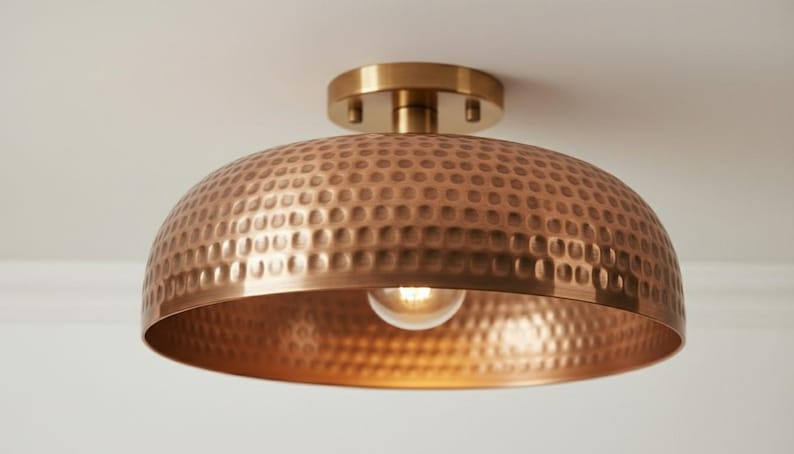 Handmade Moroccan Brass Semi-Flush Mount Ceiling Light – Hammered Antique Copper Dome Fixture, Rustic Farmhouse Ceiling Lamp
