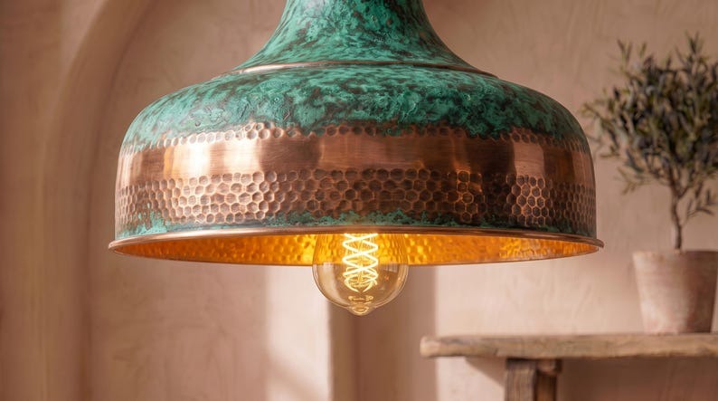 Handmade Brass Moroccan Pendant Light – Verdigris Green Patina & Copper Hammered Brass Wide Dome Hanging Lamp, Rustic Kitchen Island Ceiling Fixture