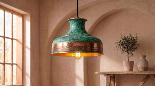 Handmade Brass Moroccan Pendant Light – Verdigris Green Patina & Copper Hammered Brass Wide Dome Hanging Lamp, Rustic Kitchen Island Ceiling Fixture